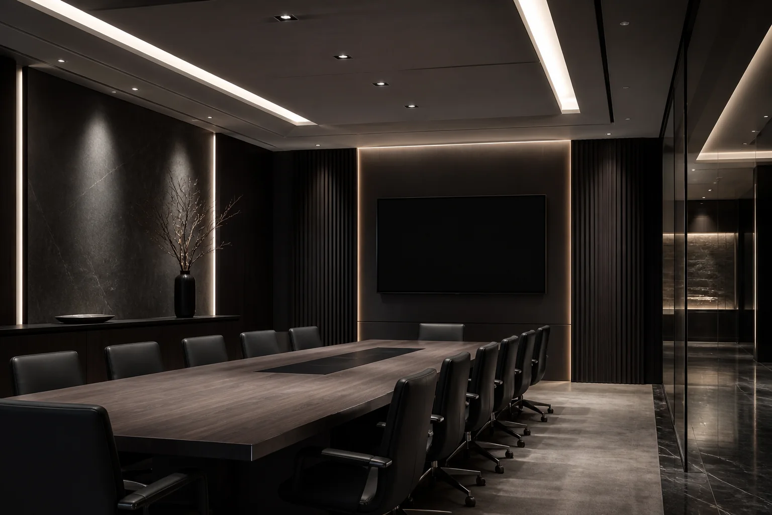 Concept image of a refined commercial boardroom with integrated audiovisual technology